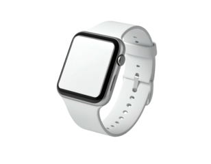 A modern smartwatch with a bright, blank screen and a white strap, set against black