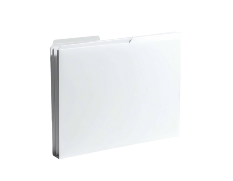A white file folder sits upright, slightly open, against a transparent background
