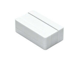 Isometric view of a small, white rectangular device with a lengthwise groove