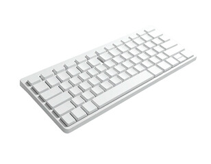 Angled perspective of a white, minimal computer keyboard with illuminated keys
