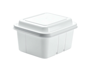 A white, square, lidded container with vertical ridges, isolated on black