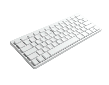 Angled perspective of a white, minimal computer keyboard with illuminated keys