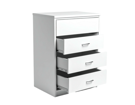 White four-drawer chest with three drawers partially open, isolated on black