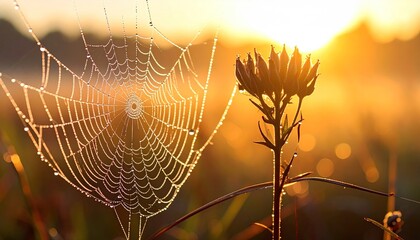 Cobweb Shimmers with Morning Dew in Golden Light Field with Silhouette Plant and Sunrise Landscape View Creates Natural Beauty, Perfect for Nature Photography