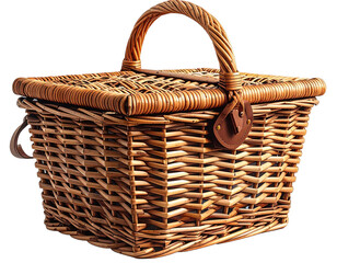 A detailed front view of a rectangular, brown wicker picnic basket with a handle