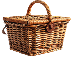 A detailed front view of a rectangular, brown wicker picnic basket with a handle