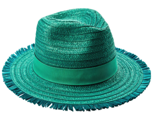Teal fedora hat, woven texture, wide brim, fringed edge, stylish and elegant