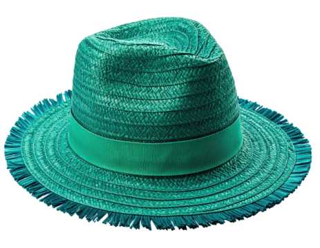 Teal fedora hat, woven texture, wide brim, fringed edge, stylish and elegant