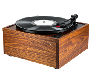 Wooden turntable playing a vinyl record, side view, against a black background