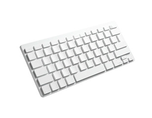 Angled, white, minimalist computer keyboard on a black background