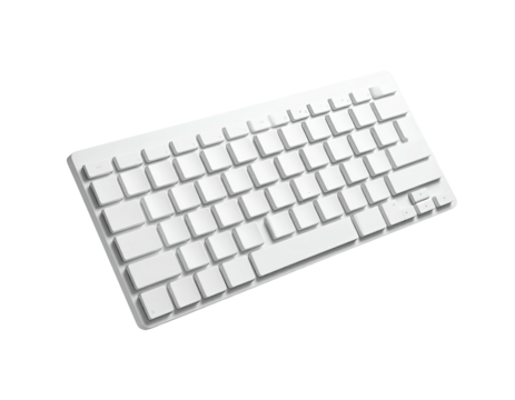 Angled, white, minimalist computer keyboard on a black background