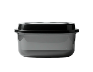 Gray plastic food container, rectangular shape, with a black lid. Clean background