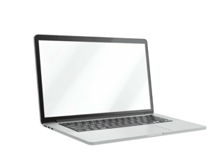 A laptop, angled slightly, with a blank screen on a black transparent background