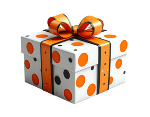 White gift box, orange polka dots, orange and black ribbon, black background
