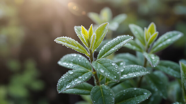 Close up of vibrant green leaves with dew drops glistening in soft morning sunlight