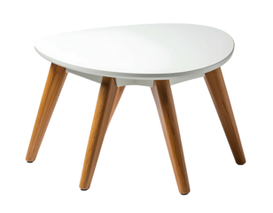 Teardrop-shaped white tabletop resting on angled wooden legs, modern design