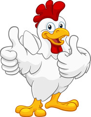 A chicken cartoon rooster cockerel character mascot giving a thumbs up.