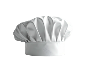 Isolated white chef's hat with pleated crown and smooth brim, centered on black