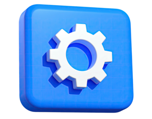 3D rendering of a white cogwheel on a blue square button, isolated