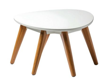 Teardrop-shaped white tabletop resting on angled wooden legs, modern design