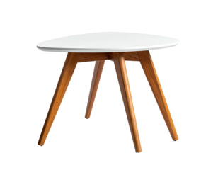 Modern side table with a white top and wooden, angled legs, isolated on black