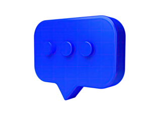 A vibrant, 3D rendered blue speech bubble with dots, set on a black background
