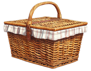 Detailed illustration of a rectangular woven picnic basket with handle and fabric lining