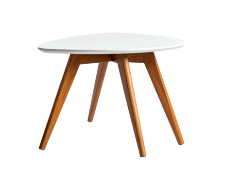 Modern side table with a white top and wooden, angled legs, isolated on black