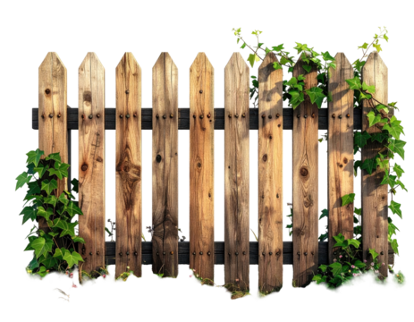 Weathered wooden picket fence with green vines climbing on it, isolated