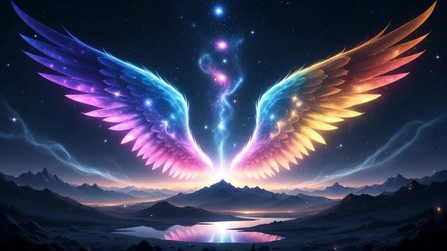 Celestial Rainbow Angel Wings Over a Mystical Landscape.