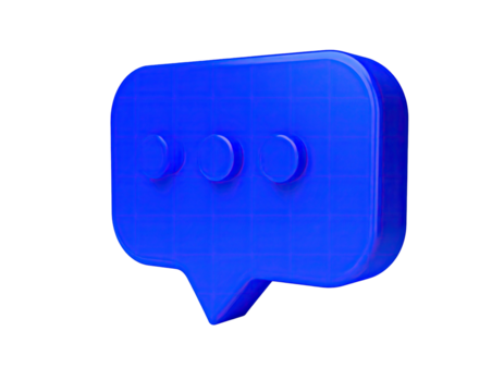 A vibrant, 3D rendered blue speech bubble with dots, set on a black background