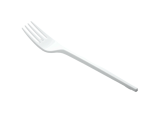 A white, plastic, four-tined fork on a black background