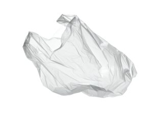 A translucent white plastic bag, crumpled and floating against a black background