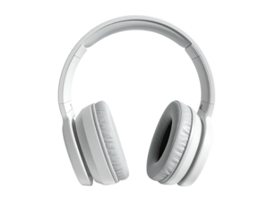 Isolated overhead headphones, white, facing forward. Earcups and headband visible
