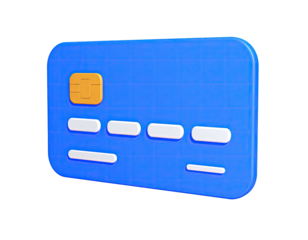 A 3D-rendered blue credit card with a golden chip and white details