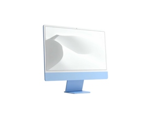 A 3D rendered computer monitor with a light blue stand against a black background