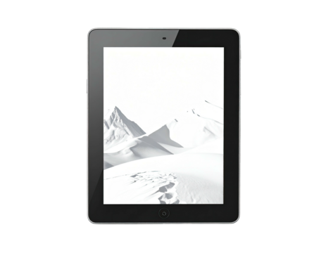 A tablet displays a monochrome mountain scene on a black background