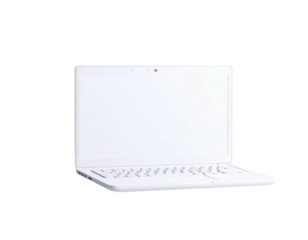 A white laptop computer, slightly open, against a black background