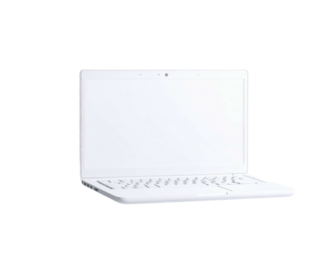 A white laptop computer, slightly open, against a black background - Powered by Adobe