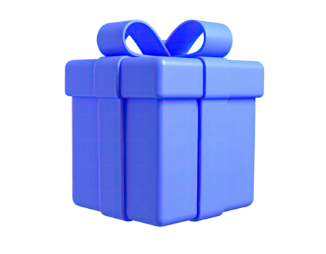 A rendered, isometric blue gift box with ribbon and bow on a black background