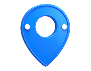A 3D rendered, bright blue location pin with white accents on a black background