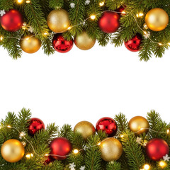Festive christmas garland with ornaments and twinkling lights holiday background
