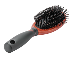 Oval hairbrush with wooden back, black bristles, and rubberized handle
