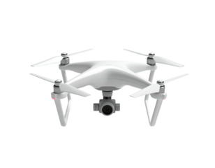 A white quadcopter drone with a camera and propellers, isolated on black