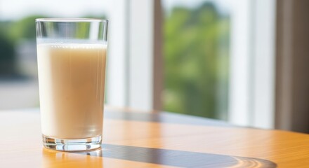Tall glass of creamy beverage near a window with blurred green trees outside