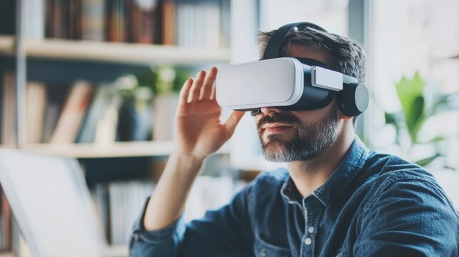 Man using virtual reality headset at home
