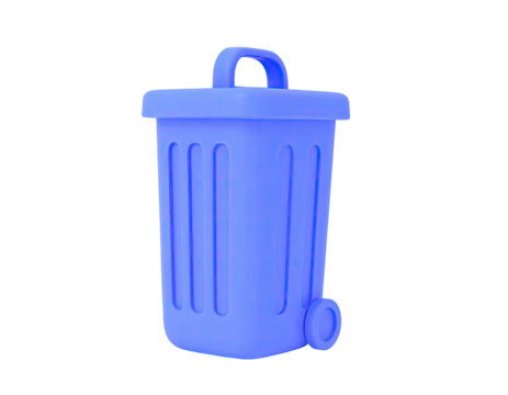 Simple 3D rendered light blue trash can with a handle and a wheel