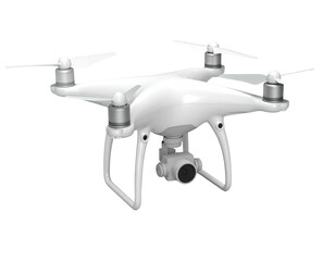White quadcopter drone with propellers, camera, and landing gear, isolated on black