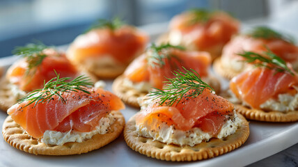 Smoked salmon on crackers with cream cheese and dill.