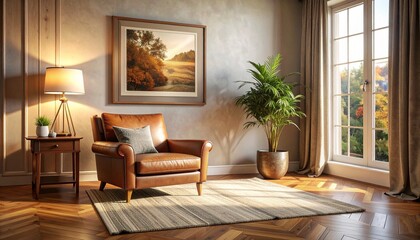Brown leather armchair living room with art and lamp